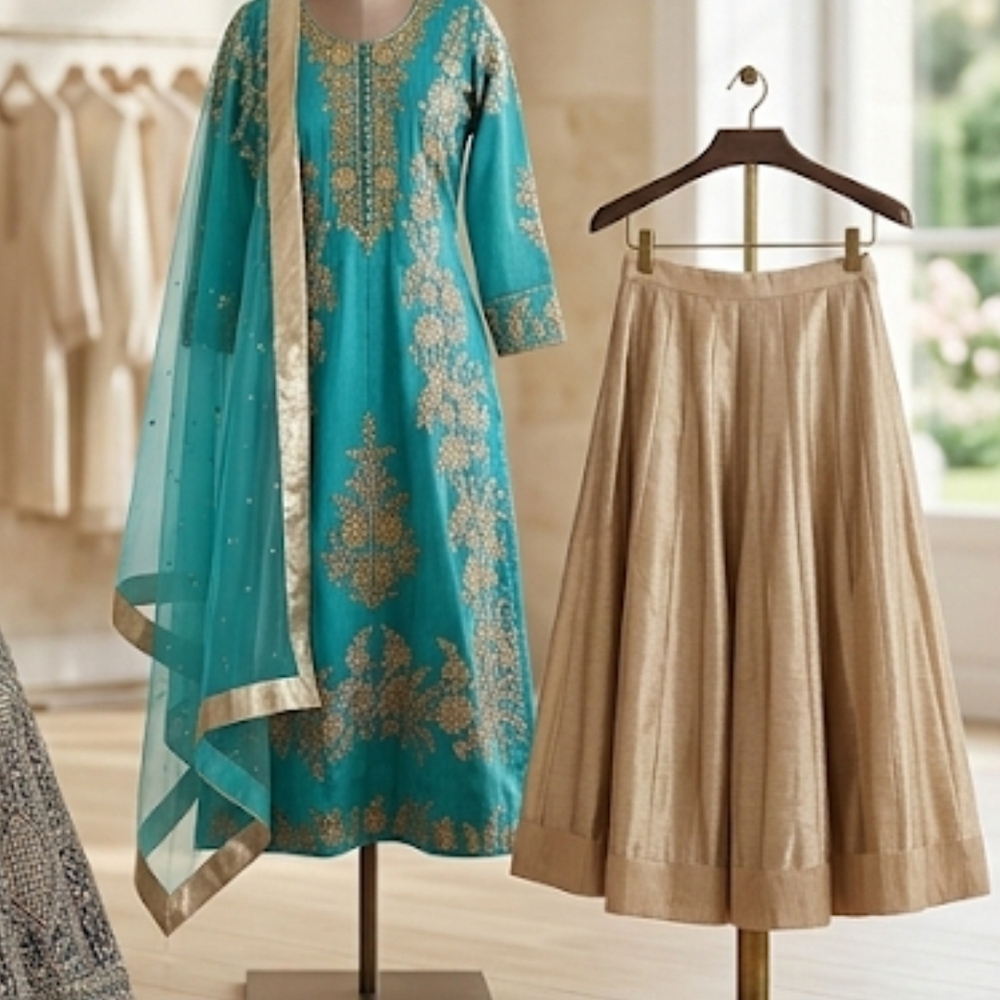 Teal and Gold Embroidered Dress with Shawl